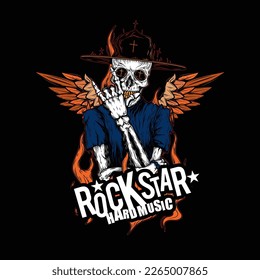 Original vector illustration. A skeleton with a hat and wings on his back. T-shirt design.