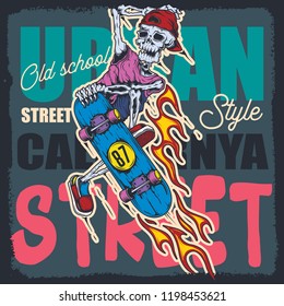 Original vector illustration of a skeleton on a skateboard making a jump. Illustration in street style