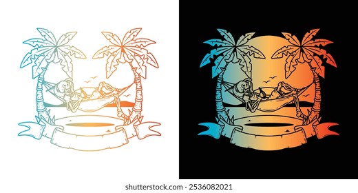 Original Vektorgrafik. Skelett am Strand in einer Hängematte mit dem Meer im Hintergrund. Handgezeichnet, nicht KI
