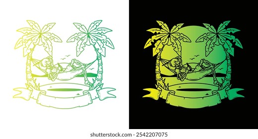 Original vector illustration. Skeleton on the beach in a hammock with the sea in the background. Hand drawn, not AI