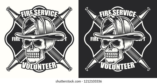 Original vector illustration. Skull in a fire helmet. Emblem on a dark and white background.