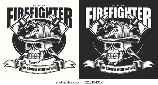 Original vector illustration. Skull in a fire helmet. Emblem on a dark and white background.