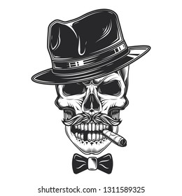 Original vector illustration of skull in hat in vintage style.
