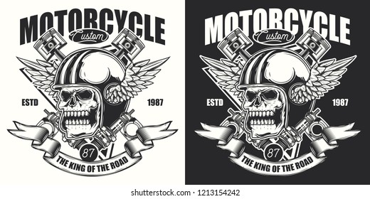 Original vector illustration. Skull in motorcycle helmet with wings, and with ribbon. Emblem on a dark and white background.