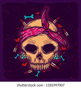 Original vector illustration, skull in pink bandana, with a pattern on the face.