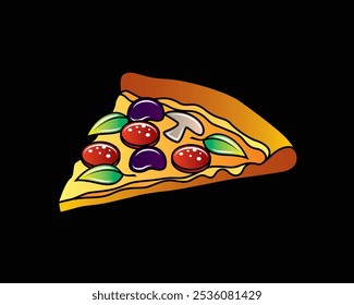 Original vector illustration of a slice of pizza with olives, salami, mushrooms and greens in vintage style. Hand drawn, not AI
