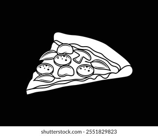 Original vector illustration of a slice of pizza with olives, salami, mushrooms and greens in vintage style. Hand drawn, not AI