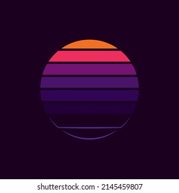 Original vector illustration of a striped neon retro sunset in the style of the 80s. A design element.