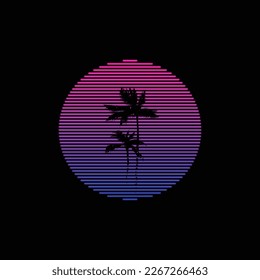 Original vector illustration of a striped neon retro sunset in the style of the 80s. A design element.