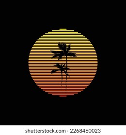 Ilustración vectorial original de una puesta de sol retro de neón a rayas en el estilo de los años 80. Un elemento de diseño.