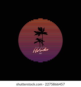 Original vector illustration of a striped neon retro sunset in the style of the 80s. A design element.