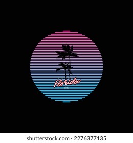 Original vector illustration of a striped neon retro sunset in the style of the 80s. A design element.