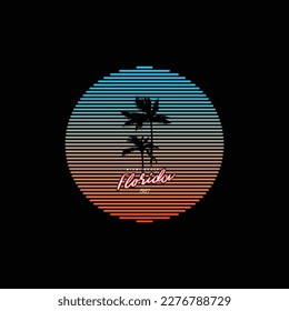Ilustración vectorial original de una puesta de sol retro de neón a rayas en el estilo de los años 80. Un elemento de diseño.
