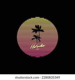 Original vector illustration of a striped neon retro sunset in the style of the 80s. A design element.