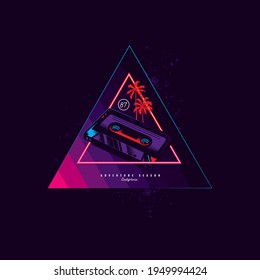 Original vector illustration in the style of the 80s. Audio tape and palm trees on a neon background. T-shirt Design