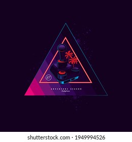 Original vector illustration in the style of the 80s. Vintage joystick and palm trees on a neon background. T-shirt Design