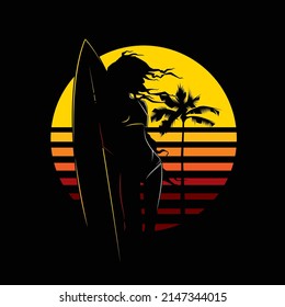 Original vector illustration in the style of the 80s and 90s. A girl with a surfboard on the background of palm trees and sunset. T-shirt design