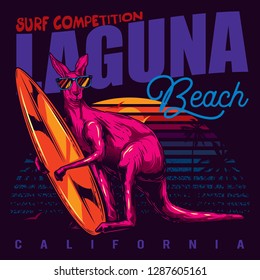 Original vector illustration in the style of surfing. Kangaroo wearing glasses and with a surfboard on the beach, sunset and palm trees in neon style