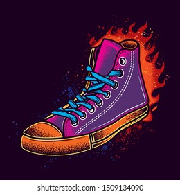 Original vector illustration of stylish neon sneakers on a bright fire background