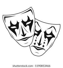 Original vector illustration of Theatre Masks. Comedy and tragedy, in a vintage style. Kind and evil joker. Cheerful and sad actor. 