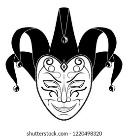 Original vector illustration of Theatre Masks on a white background. Comedian. Cheerful clown. Vintage style. Cunning joker. Spiteful actor. The drawing for design. Black tattoo. Vector illustration.