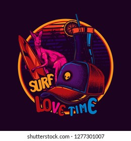 Original vector illustration for t-shirt or sticker. Kangaroo with a surfboard at sunset, next to the cap and a glass of cocktail