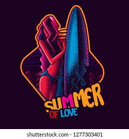 Original vector illustration for t-shirt or sticker. Stylish girl in a swimsuit with a surfboard in her hands