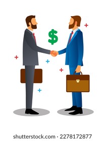 Original vector illustration. Two male businessmen shake hands. Business, work. Design element.
