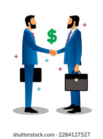 Original vector illustration. Two male businessmen shake hands. Business, work. Design element.