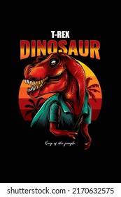 Original vector illustration of a Tyrannosaurus rex in vintage style against a retro sunset and palm trees. Tyrannosaurus Rex