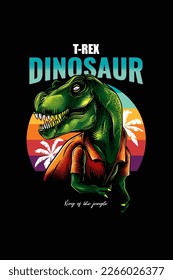 Original vector illustration of a Tyrannosaurus rex in vintage style against a retro sunset and palm trees. Tyrannosaurus Rex