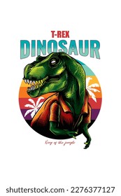 Originelle Vektorgrafik eines Tyrannosaurus-Rex im Vintage-Stil gegen einen Retro-Sonnenuntergang und Palmen. Tyrannosaurus Rex