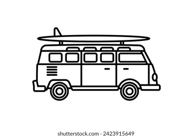Original vector illustration. A van with a surfboard on the roof. A contour icon. Hand drawn, not AI