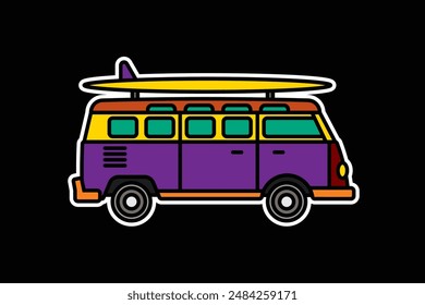 Original vector illustration. A van with a surfboard on the roof. A contour icon. Hand drawn, not AI