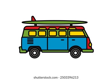 Original vector illustration. A van with a surfboard on the roof. A contour icon. Hand drawn, not AI