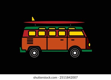 Original vector illustration. A van with a surfboard on the roof. A contour icon. Hand drawn, not AI