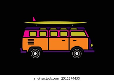 Original vector illustration. A van with a surfboard on the roof. A contour icon. Hand drawn, not AI