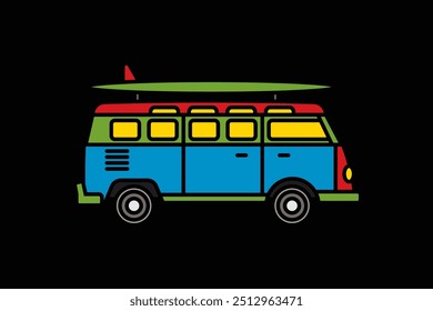 Original vector illustration. A van with a surfboard on the roof. A contour icon. Hand drawn, not AI