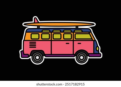 Original vector illustration. A van with a surfboard on the roof. A contour icon. HAND DRAWN, NOT ARTIFICIAL INTELLIGENCE!