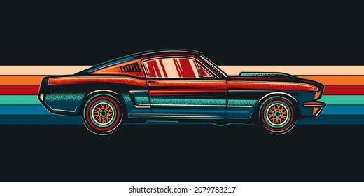 Ilustración vectorial original de un coche vintage en un fondo retro. Diseño de camisetas. 