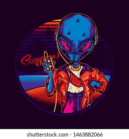 Original vector illustration in vintage neon style. An alien, an alien in headphones, with a cassette player in his hands, against the beach, palm trees, sunset and sea. T-shirt design