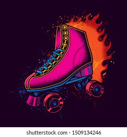 Original vector illustration of vintage neon roller skates on a bright fire background