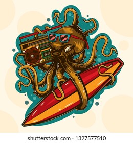 Original vector illustration in vintage octopus style with glasses with surfing and Boombox