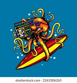 Original vector illustration in vintage octopus style with glasses with surfing and Boombox. T-shirt design, design element.