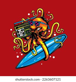 Original vector illustration in vintage octopus style with glasses with surfing and Boombox. T-shirt design, design element.