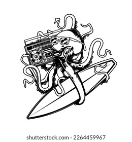 Original vector illustration in vintage octopus style with glasses with surfing and Boombox. T-shirt design, design element.