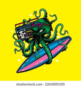 Original vector illustration in vintage octopus style with glasses with surfing and Boombox. T-shirt design, design element.