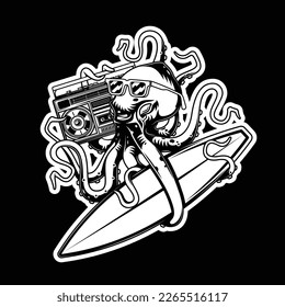 Original vector illustration in vintage octopus style with glasses with surfing and Boombox. T-shirt design, design element.