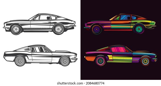 Original vector illustration. Vintage retro cars in monochrome and color style.