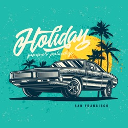 Original Vector Illustration In Vintage Style. Vintage Car On The Background Of Palm Trees And The Sun.